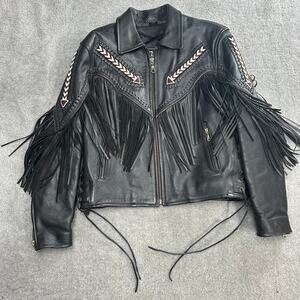 Vintage Women's Leather Jacket Biker Tassels Beaded Tribal Size Medium Indie Y2K